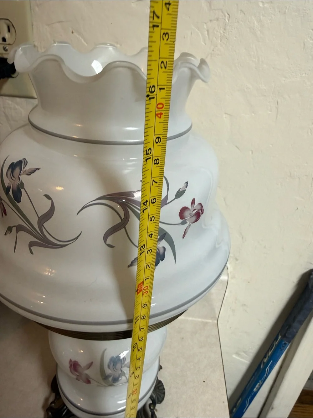 Vintage Floral White Table Lamp with Hand-Painted Accents Hurricane milk glass